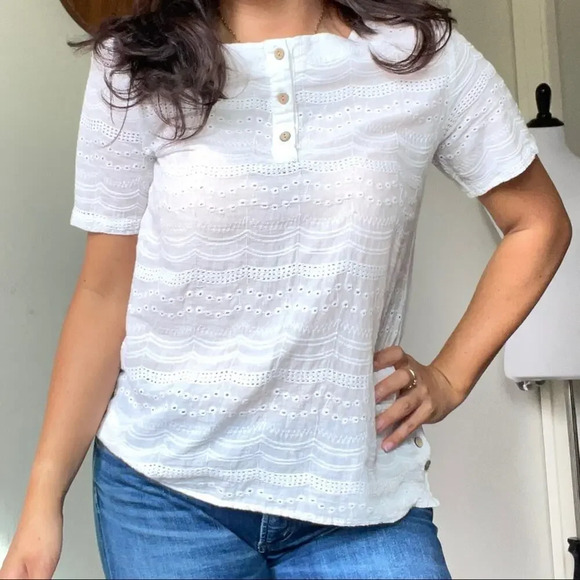 White 100% COTTON Embroidered Lace Hollow Out Blouse Short Sleeve - Picture 3 of 13
